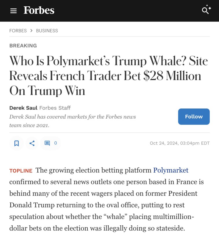 Screenshot of Forbes article discussing polymarket whale.